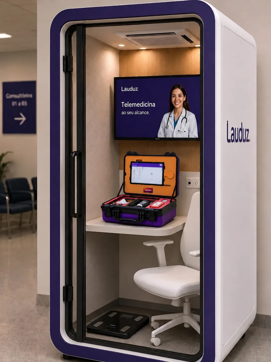 Telecabine® — cabine de telemedicina privativa da Lauduz, consultório remoto com dispositivos embutidos para exame clínico completo com sigilo em UBS e terminais.